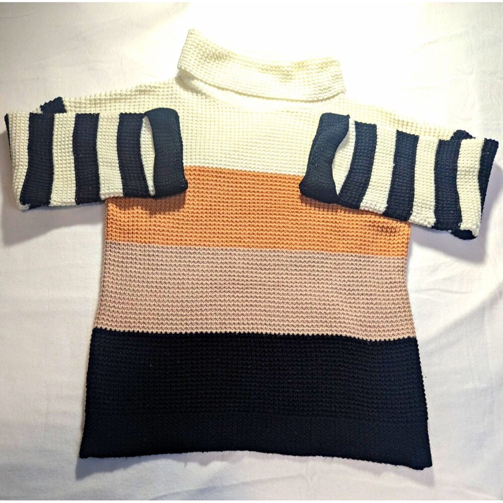 Women's Ivory/Black Striped Waffle-Knit Cowl Neck Short Sleeve Sweater S